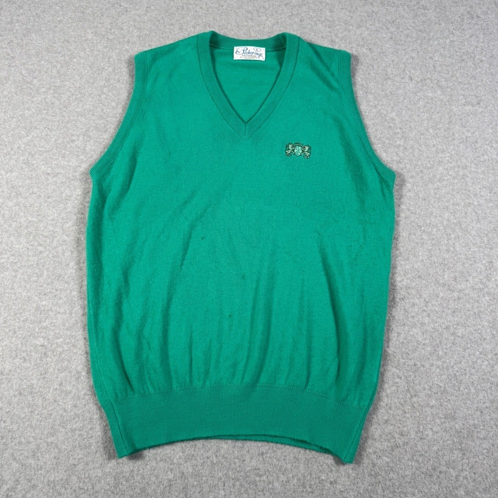 Pickering Vintage 70s Preppy Green V-Neck Sweater Vest Country Club Crest L USA